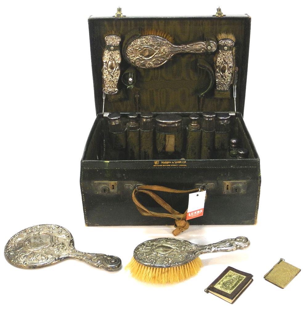 Dressing Case Fitted with Various Hallmarked Silver Components, 7 1/4 x 16 x 11 3/4". (1 of 5)