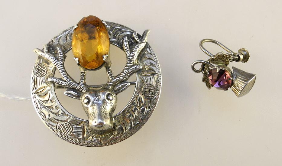 Hallmarked Scottish Sterling & Cairngorm Stag Brooch, 1 3/4" x 1 1/8".: Hallmarked Scottish Sterling & Cairngorm Stag Brooch, 1 3/4" x 1 1/8".