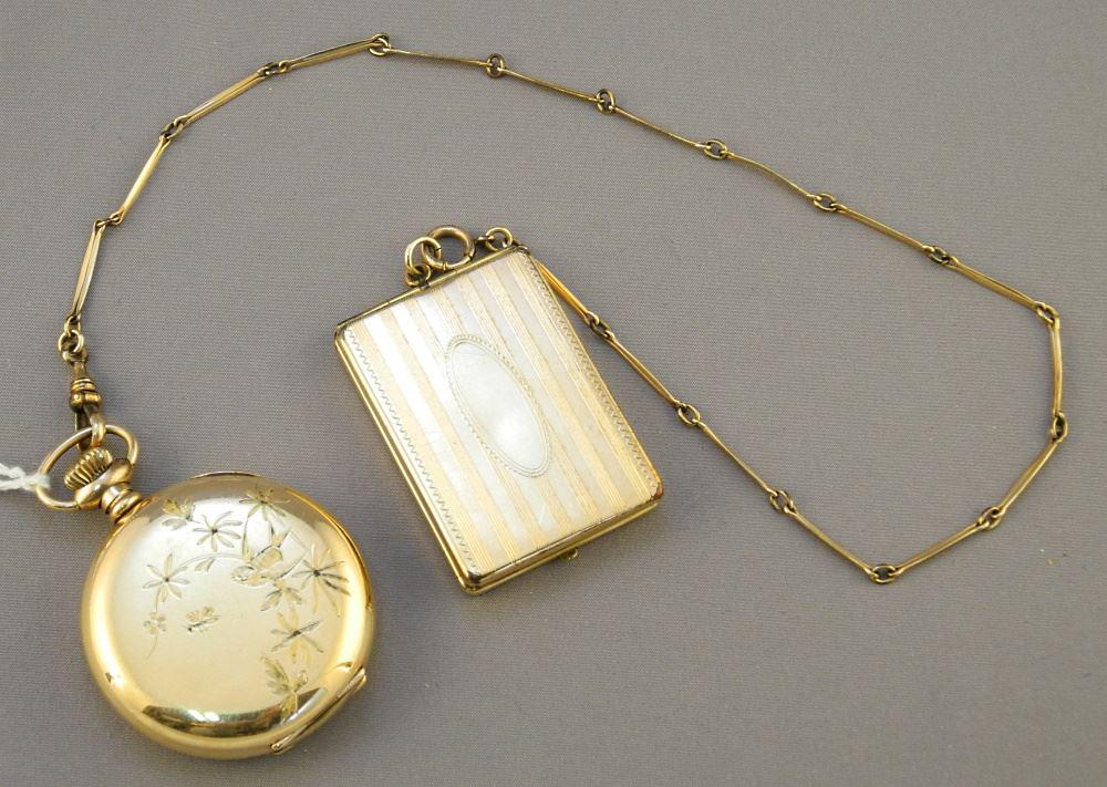 Gold Plated Pocket Watch: Thos. Lailey Markham (1 1/8") & a Locket & Fob (3 Pieces).: Gold Plated Pocket Watch: Thos. Lailey Markham (1 1/8") & a Locket & Fob (3 Pieces).