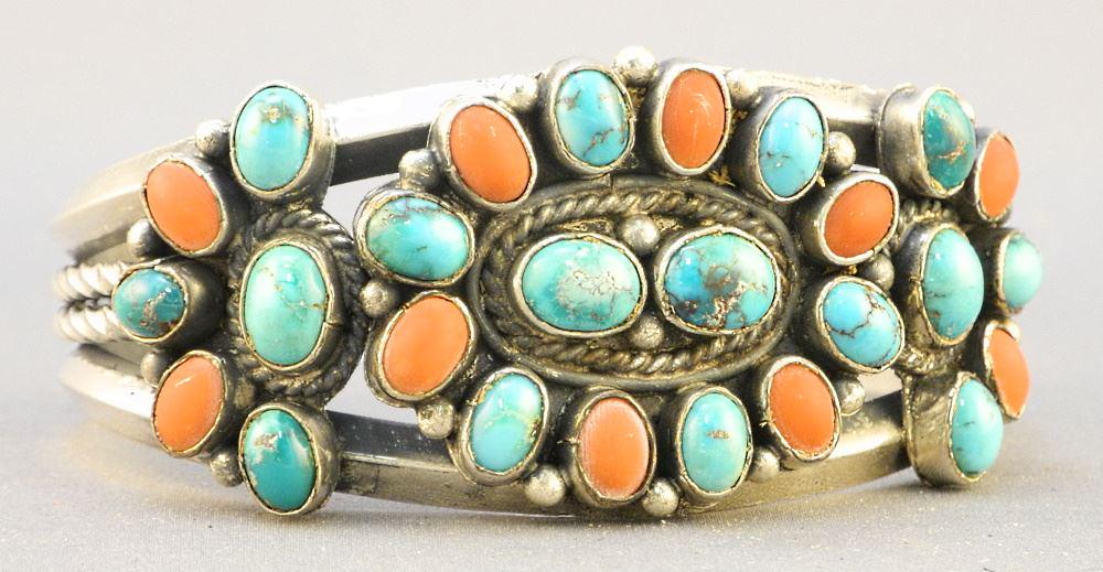 Sterling Silver, Turquoise & Coral Cuff Bracelet, TW:59.60 Grams. (1 of 2)