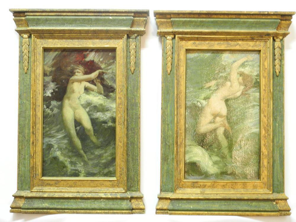 Pair of Unsigned Oil on Canvases, 15 5/8" x 9", "Sea Nymphs", Hand- made Frames.: Pair of Unsigned Oil on Canvases, 15 5/8" x 9", "Sea Nymphs", Hand- made Frames.