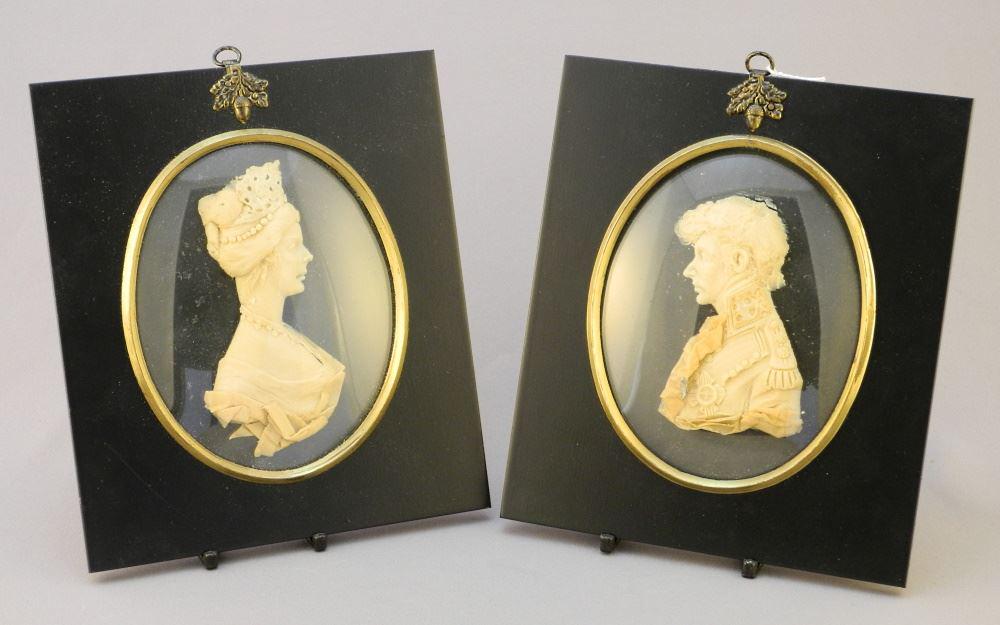 Pair of Wax Relief Portraits Attrib. to Leslie Ray, Queen Charlotte & Lord Nelson, Sight 4 3/4" (1 of 3)
