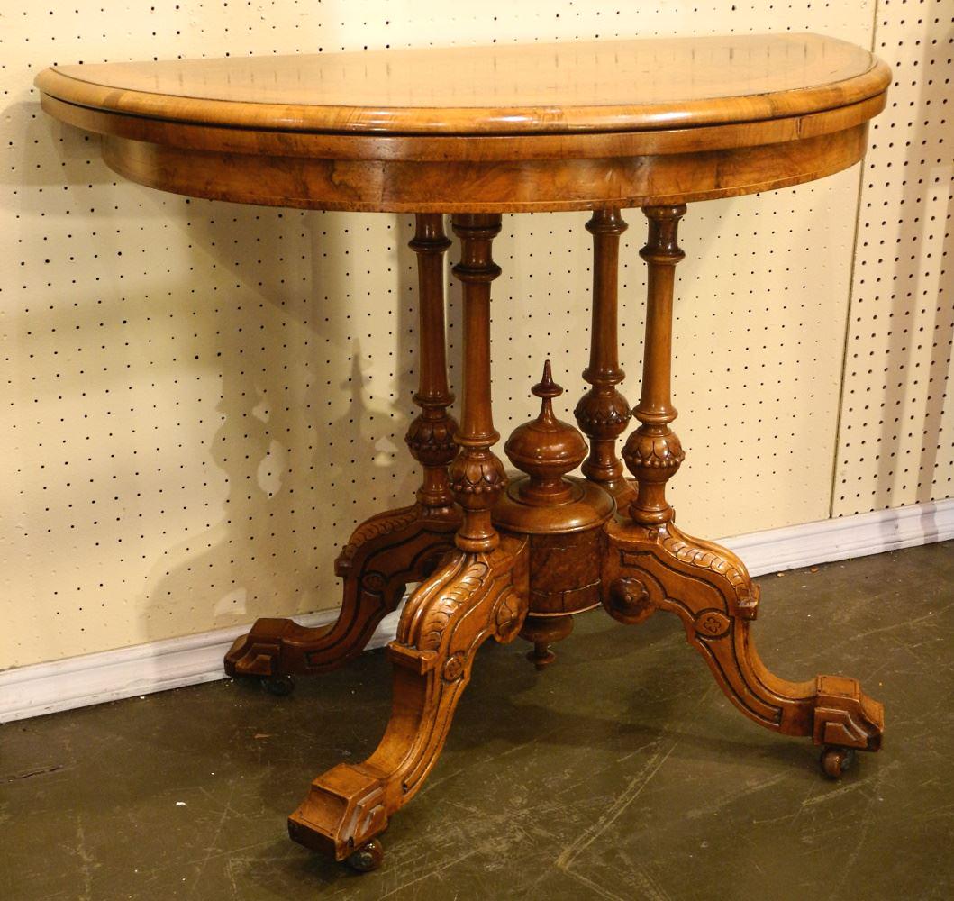 Mid 19th Century Demilune Walnut Quattro Columnar Games Table, 28 1/2 x 36 1/2" x 17 7/8". (1 of 4)