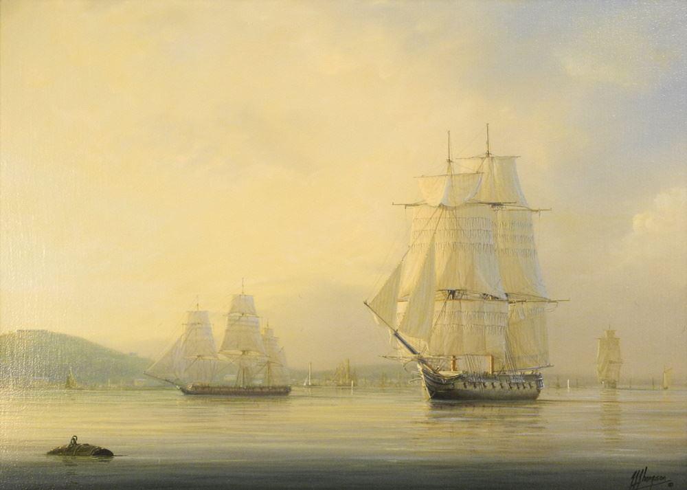 Oil on Canvas Signed T. Thompson, 11 1/2" x 15 1/2", "St George's Ships at Anchor".: Oil on Canvas Signed T. Thompson, 11 1/2" x 15 1/2", "St George's Ships at Anchor".