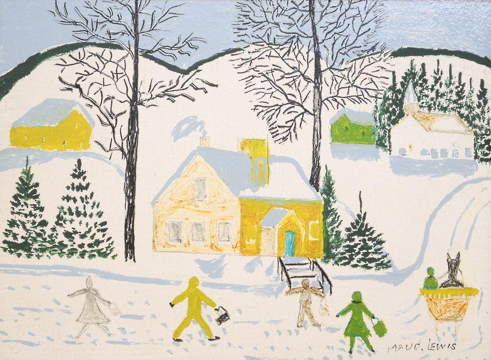 Mixed Media Signed Maud Lewis, 12" x 15 3/4", "Children Walking in Snow". (1 of 18)