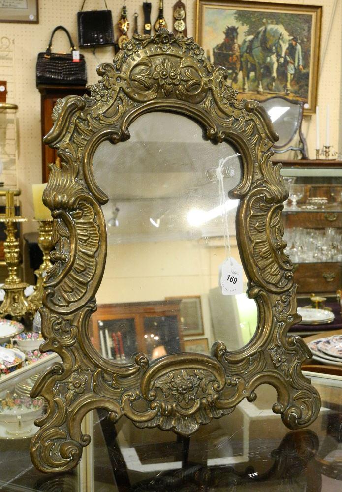Louis XV-Style Embossed Brass Table Mirror on Wood Support, 19 x 14 1/8 x 1 1/4" (1 of 3)