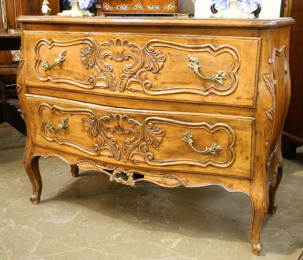 French Bombe Form Carved Walnut Chest of 2 Drawers. (1 of 4)