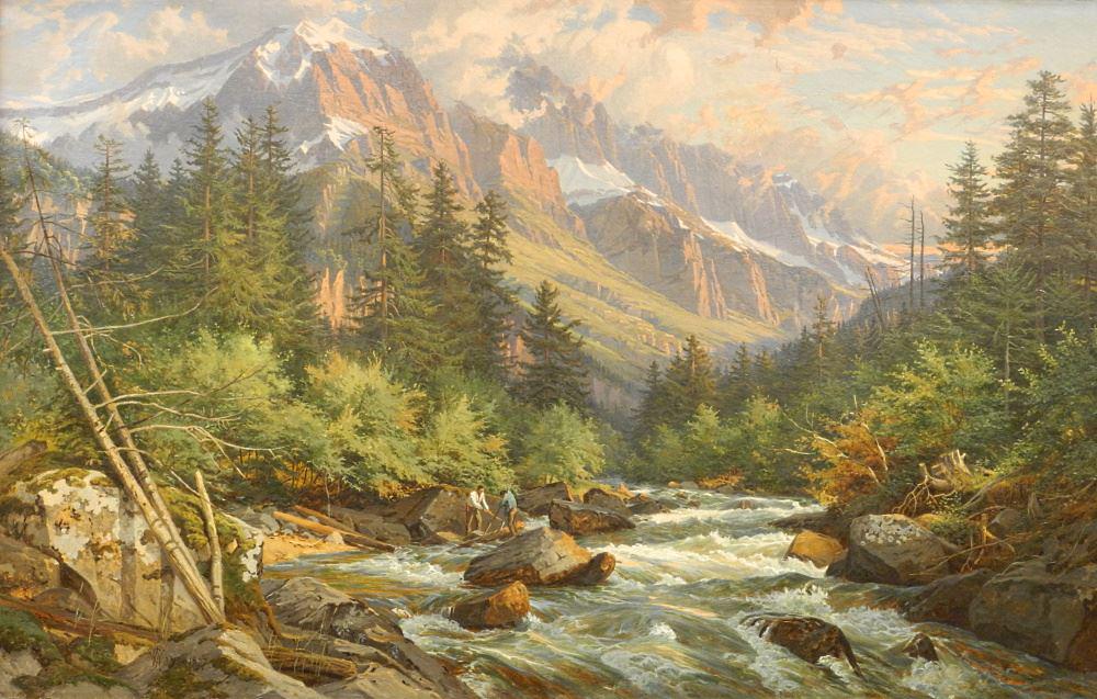 Oil on Canvas Signed C.J. Way 1877, 29" x 45", "Logging in Mountain River Scene". (1 of 6)