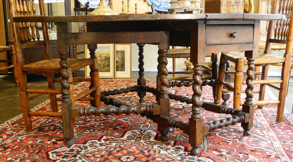 Georgian Oak Drop Leaf Table with Barley Twist Legs, leaves open 73 1/2". (1 of 5)