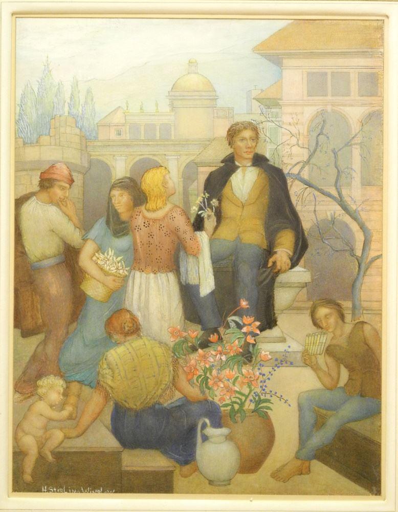 Drawing with Watercolour Signed H. (Helen) Stirling-Winslow, 17" x 13", "Keats in Rome". (1 of 11)