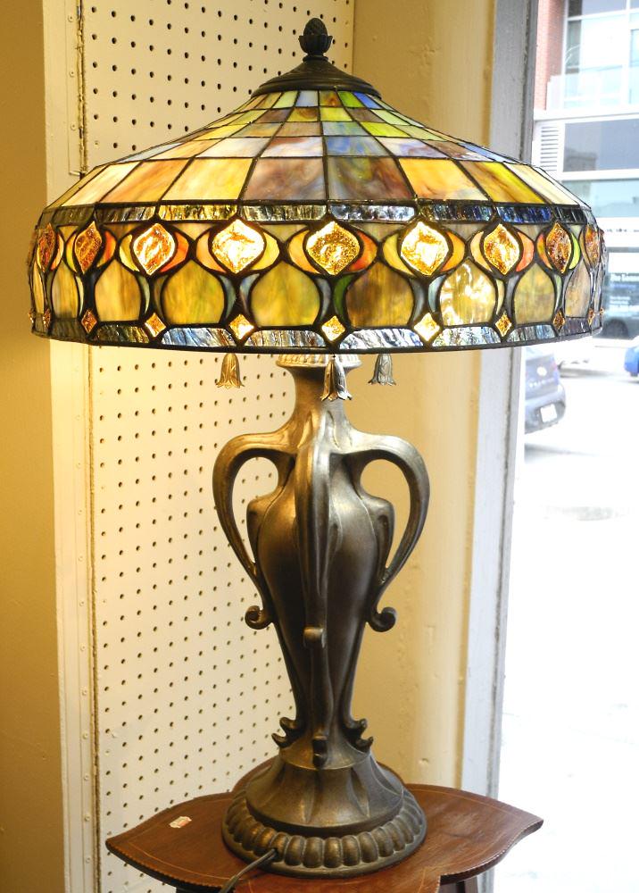 Leaded Glass Table Lamp on Composition Base, 27 1/2" High. (1 of 4)