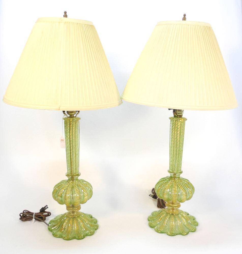 Pair of Green Murano Glass Table Lamps, TH:30 3/4. (1 of 4)