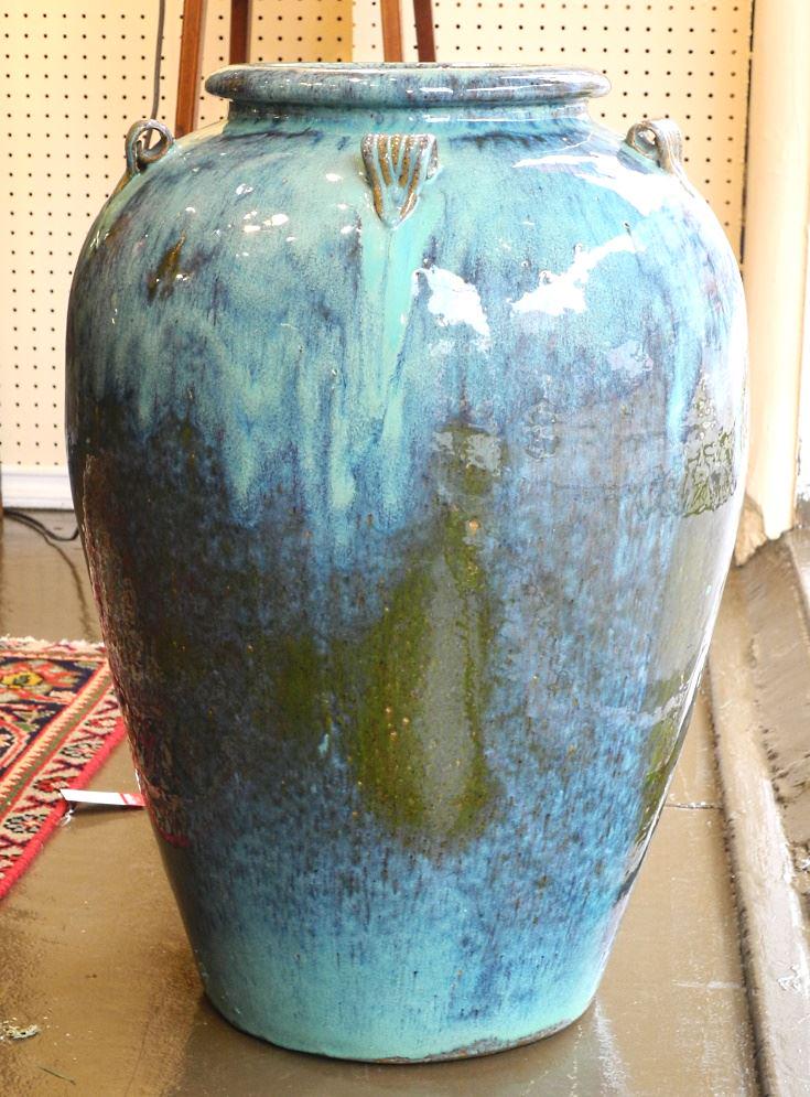 Jun-Style Glazed Stoneware Vase with Lugged Shoulder, 24 3/4" High. (1 of 3)