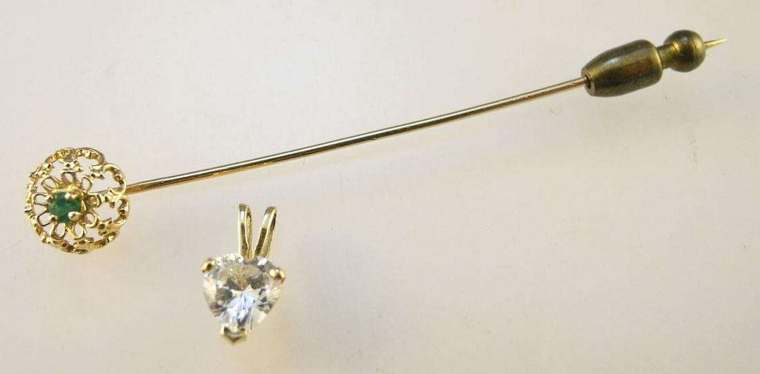 14K Gold & Emerald Stick Pin & 14K Gold Heart Pendant with Clear Stone, TW 2.27 grams (1 of 2)
