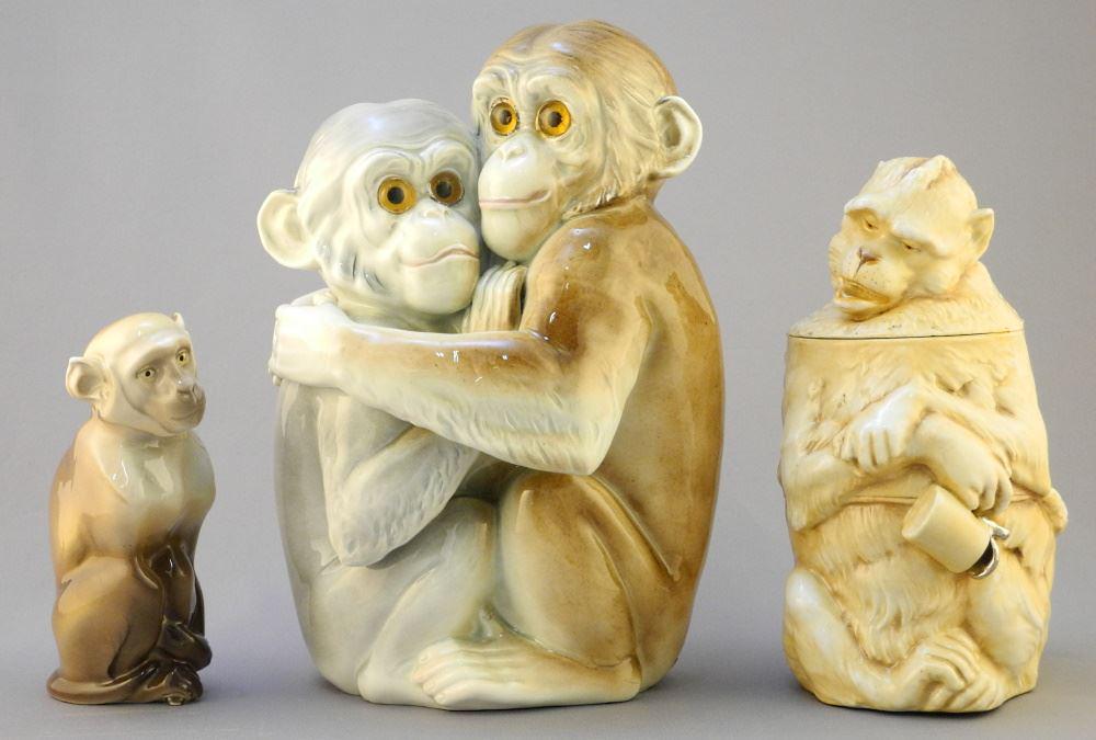 3 Porcelain Monkey Figures: Capo di Monte/ Schierholz/ Nymphenburg, 5 1/4" - 9 1/4". (1 of 4)
