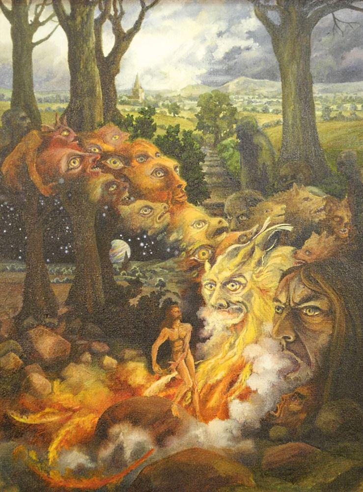 Oil on Board Signed Neil Dalrymple 1977, 23 1/2" x 17 1/2", Untitled- Fantasy Landscape. (1 of 5)