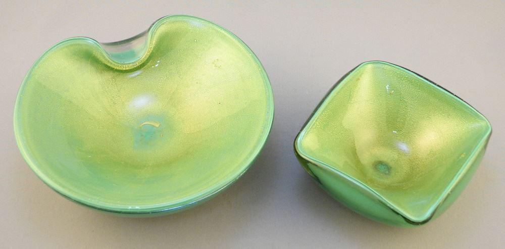 Two Green & Gold Unsigned Art Glass Basin & Ashtray.: Two Green & Gold Unsigned Art Glass Basin & Ashtray.