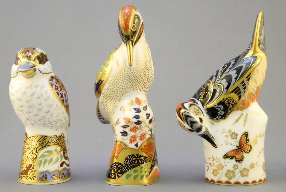 3 Royal Crown Derby Birds: Green Spotted Woodpecker, Kookaburra, Woodpecker, 5 1/8"-6 3/4". (1 of 4)
