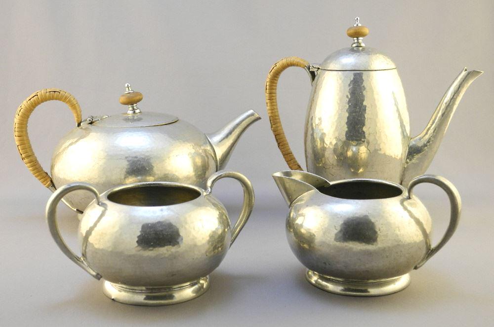 Liberty & Co. English Pewter 4 Piece Tea Set, Tea Pot 9" Length. (1 of 9)