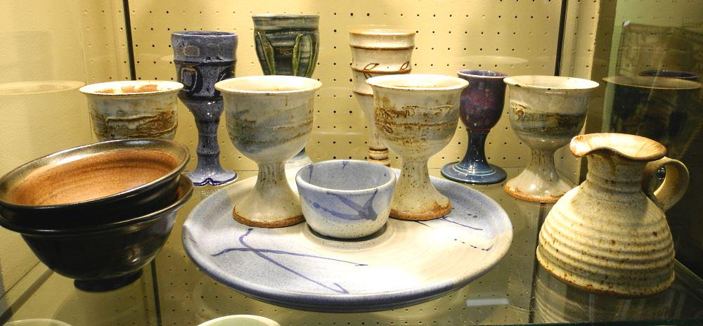 Collection of Stoneware Goblets and Dishes, Dish 13" Diameter: Collection of Stoneware Goblets and Dishes, Dish 13" Diameter