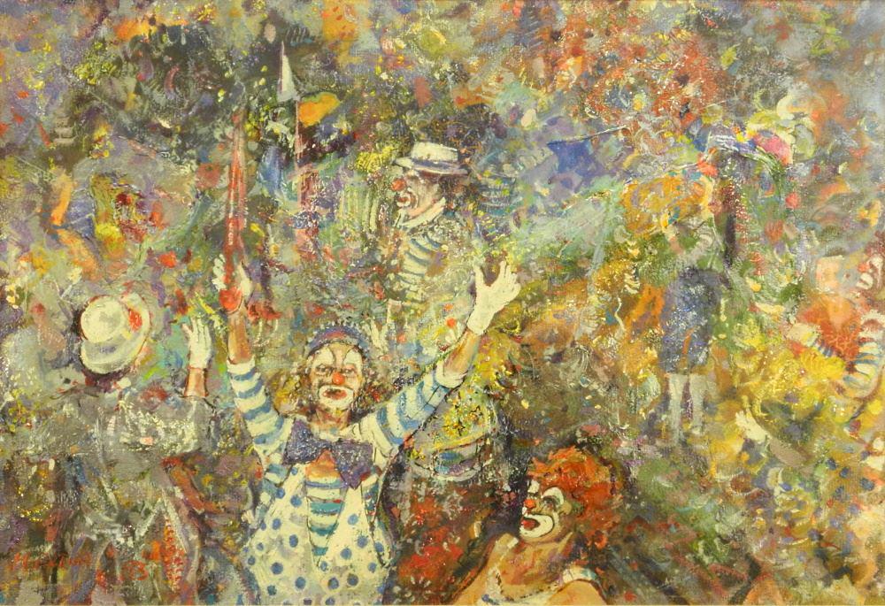 Mixed Media Signed (Paul) Ygartua 1983, 14" x 20 1/2", "Clowns", Glazing Noted. (1 of 4)