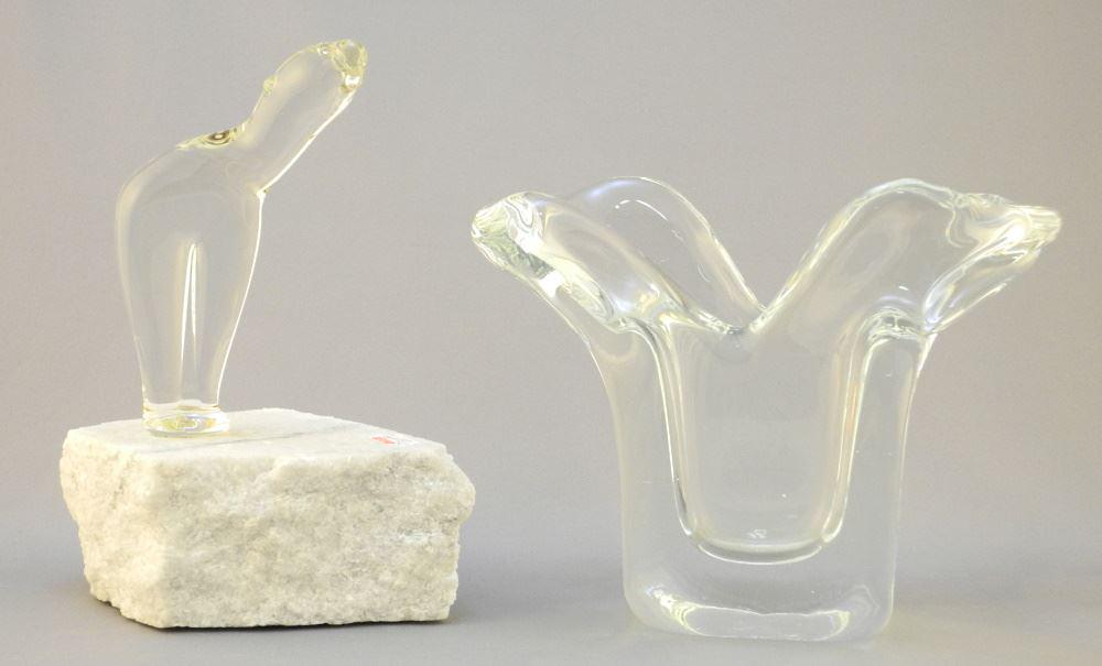 Art Glass Vase Signed Vizner with Unsigned Glass Bear Sculpture, 7 1/2" High. (1 of 3)