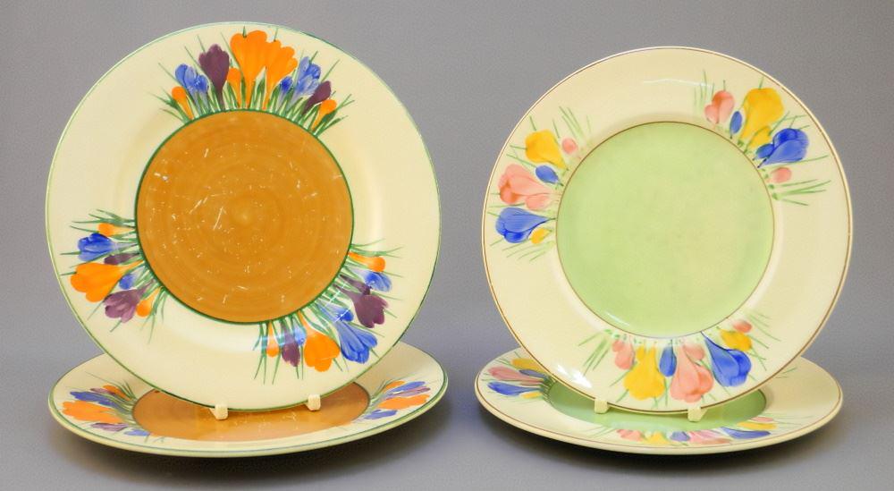 Clarice Cliff Plates: 2 Brown (7") & 2 Green, 6.5". (1 of 4)