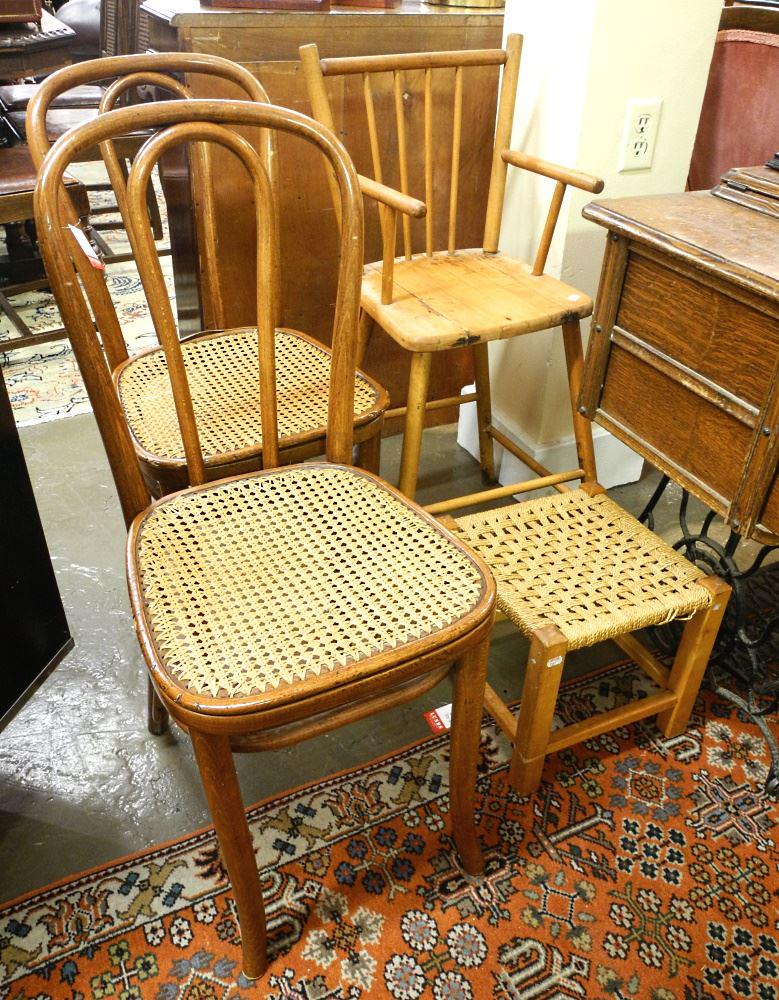 2 Caned Chairs & 1 High Chair with Stool, 34 1/4" High.: 2 Caned Chairs & 1 High Chair with Stool, 34 1/4" High.
