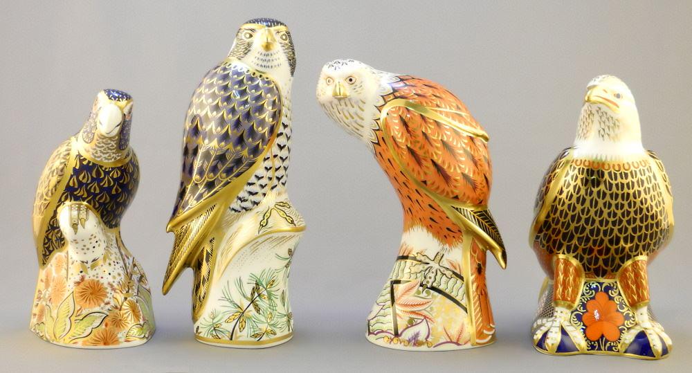 4 Royal Crown Derby Paperweights: Parrot/ Red Kite/ Peregrine Falon/ Eagle, 6 1/8" - 8". (1 of 4)