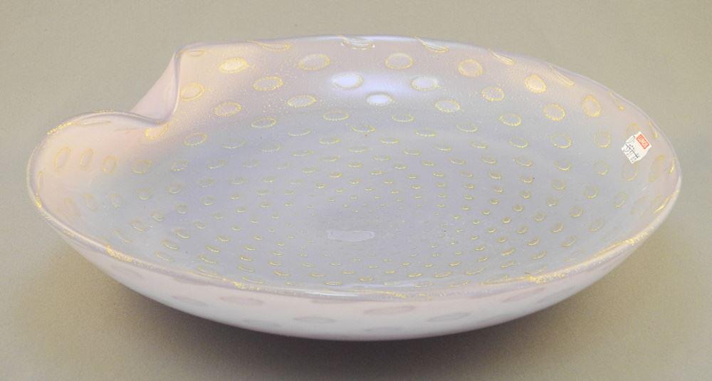 Mauve & Gold Art Glass Ashtray, 11 1/2" Diameter.: Mauve & Gold Art Glass Ashtray, 11 1/2" Diameter.