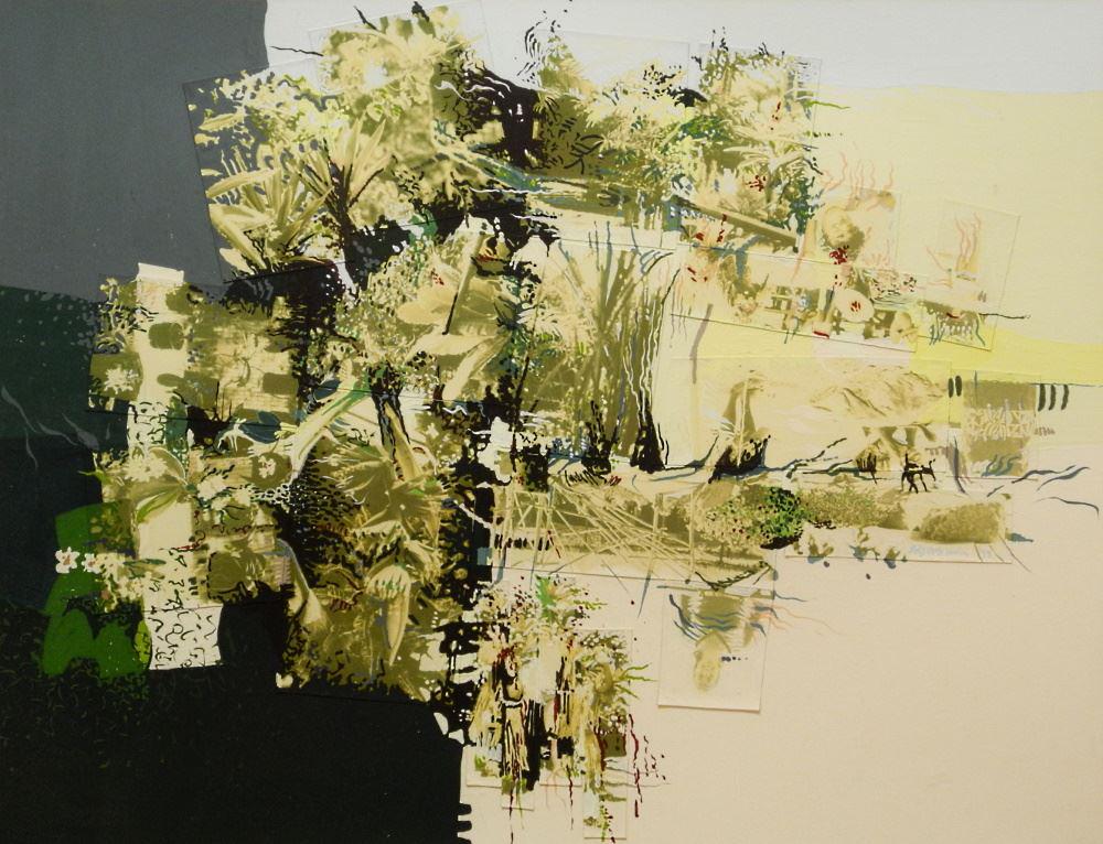 Collage Signed (Gordon) Alas Kin 1977, 19 3/8" x 25 3/8", "Composition".: Collage Signed (Gordon) Alas Kin 1977, 19 3/8" x 25 3/8", "Composition".