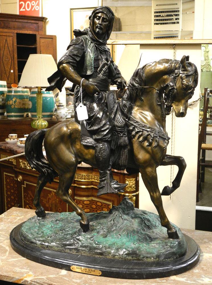 Bronze "Arab on Horse" Attributed to Barye, Marble Plinth, 28 1/2" x 24 1/2". (1 of 5)