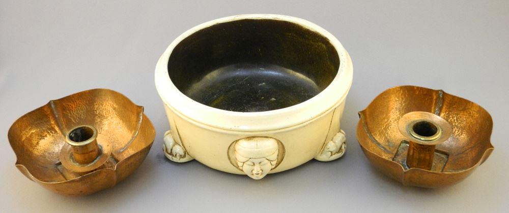 Bretby England Basin with Pair of Hammered Copper Candle Holders, 8" Diameter. (1 of 5)