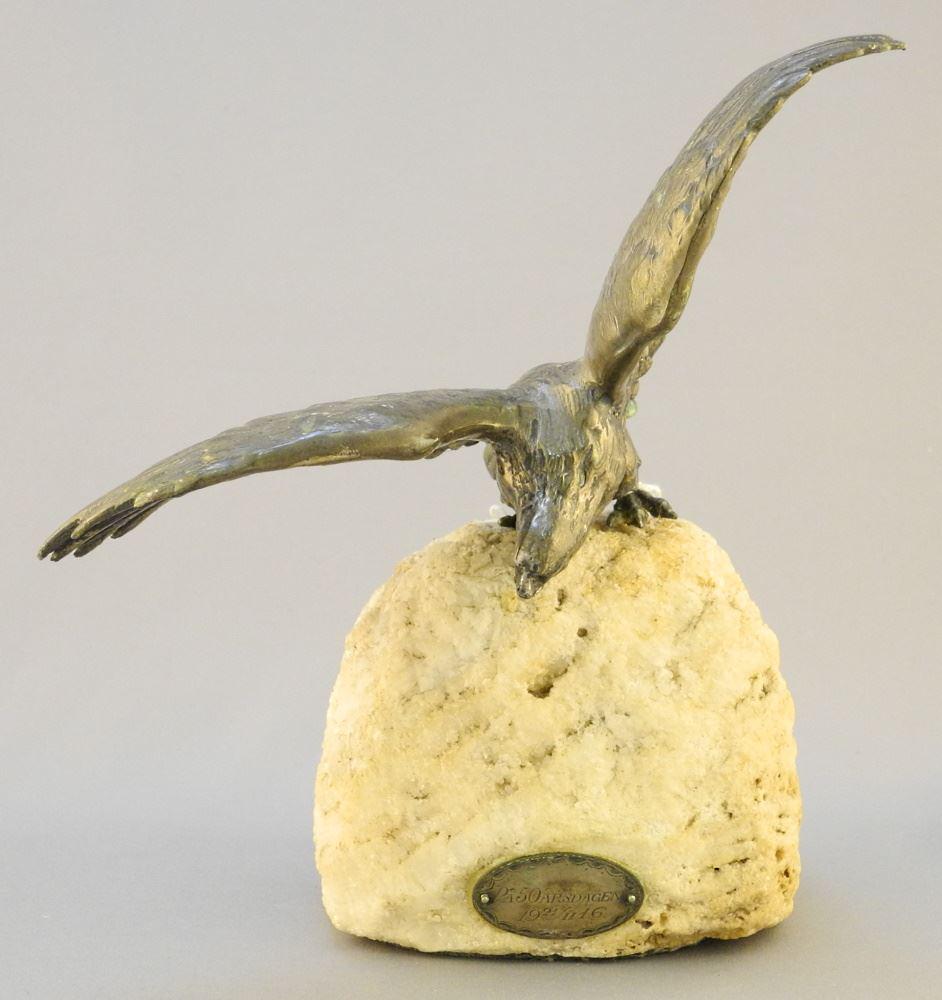 WWI German Silver Eagle Perched on White Marble Rock with Presentation Plaque, 8" High. (1 of 3)