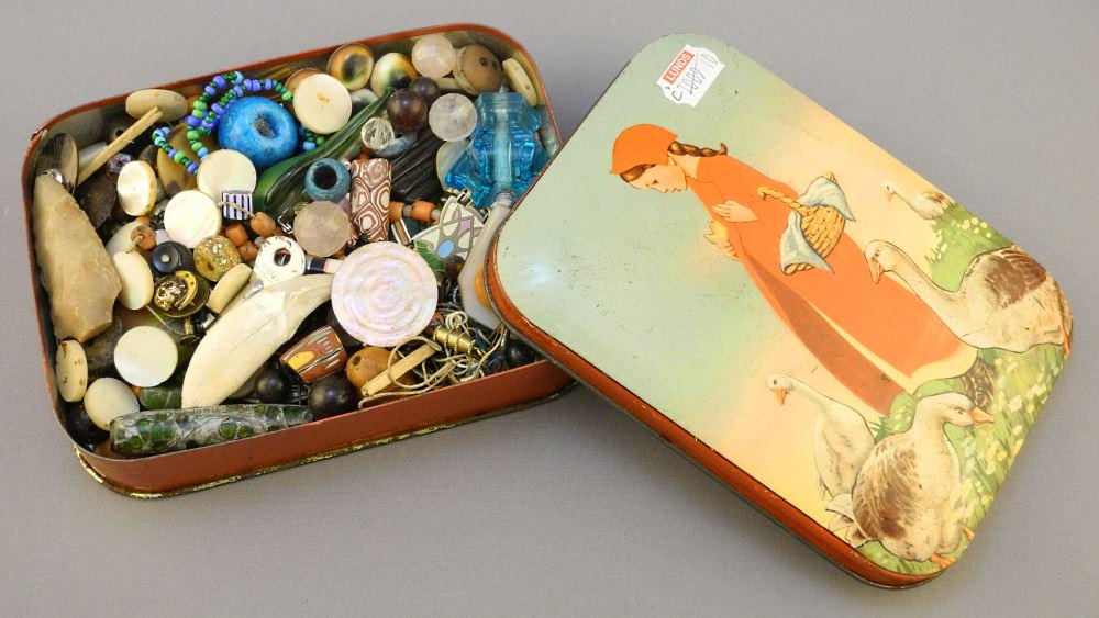 Collection of Beads, Brooches, Etc. in An Old Tin. (1 of 1)