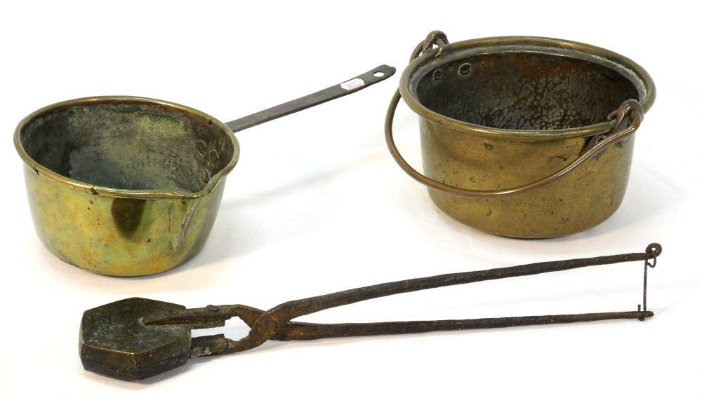 2 Brass & Copper Pots & Cooking Tongs, 14" L. (1 of 1)