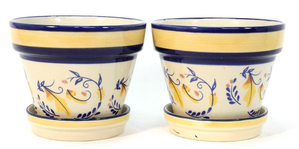 Pair of Cheerful Stenciled Pottery Flower Pots, 7" High (1 of 1)