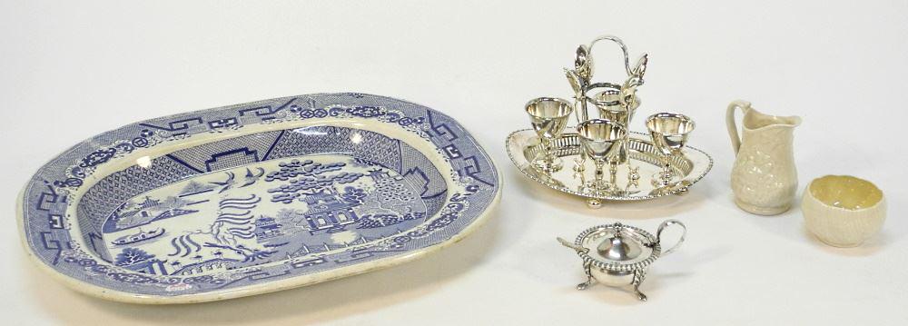 Lot Including: Silver Plate Egg Cups / Blue & White Victorian Platter/ Belleek Creamer & Sugar. (1 of 3)