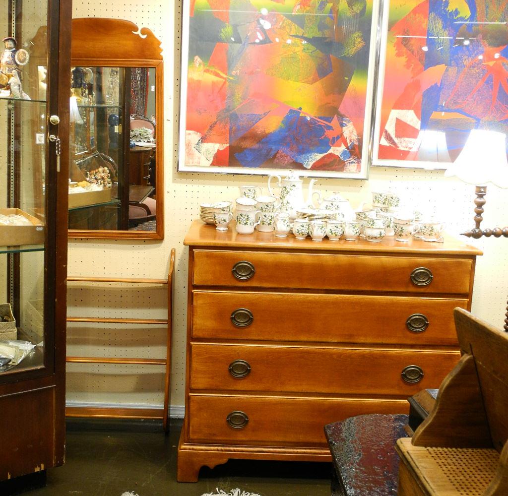 "Cushman Colonial Creation" Maple 4 Drawer Chest with Mirror & Wall Shelf, 42" Wide. (1 of 7)