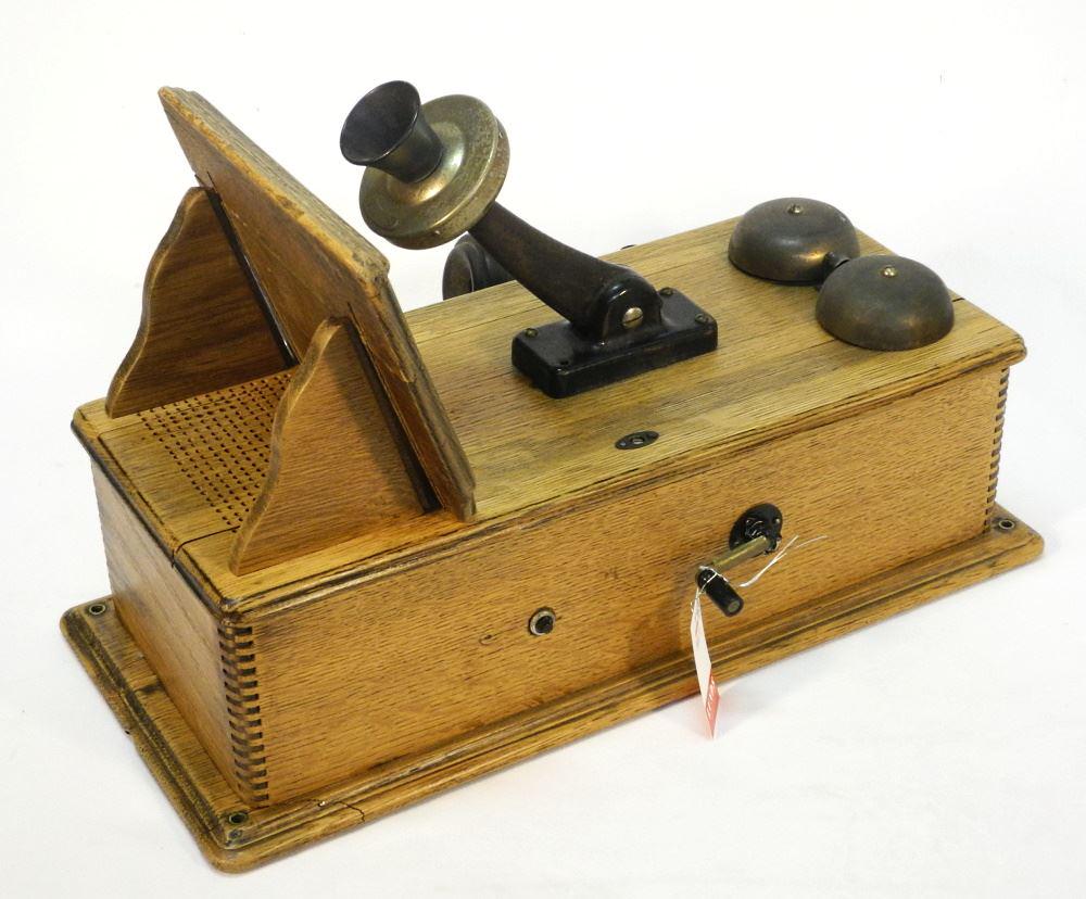 Western Electric Oak Cased Wall Mounted Telephone, 20 1/2" High. (1 of 4)