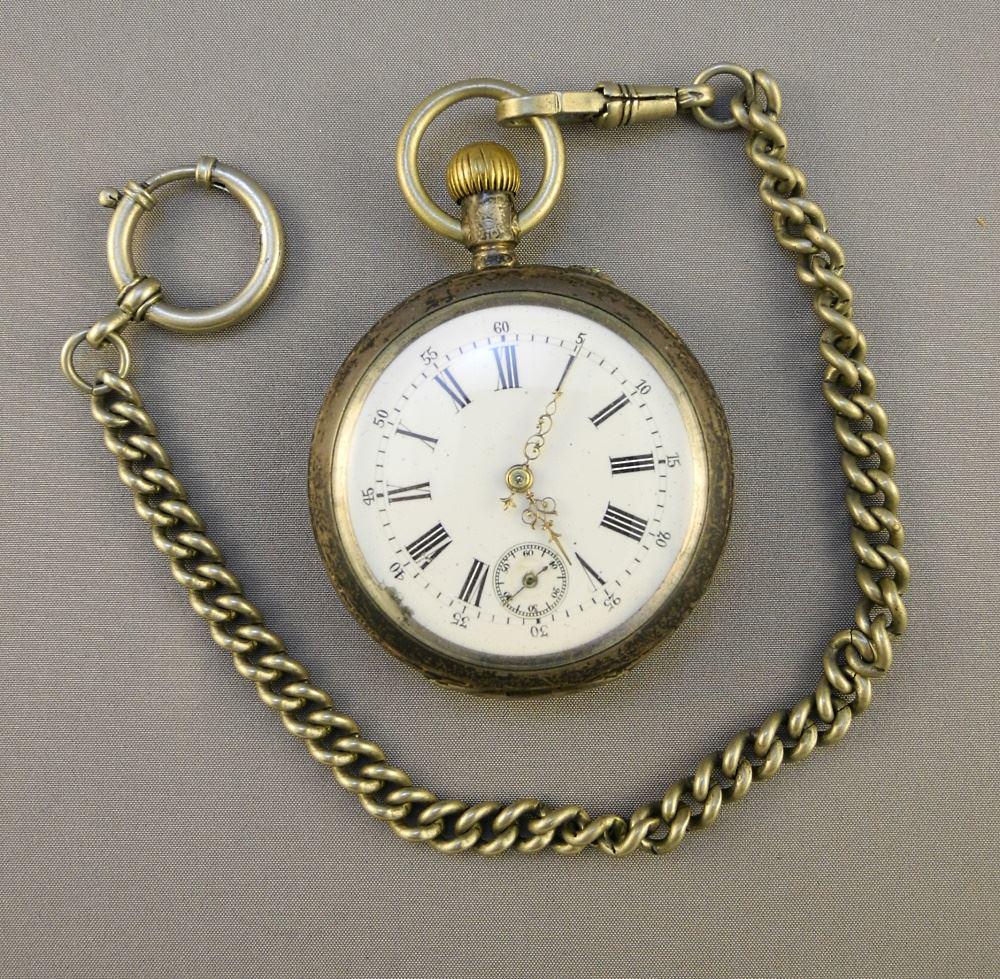 Silver .800 Continental Pocket Watch with Plated Fob, 10" Length. (1 of 5)