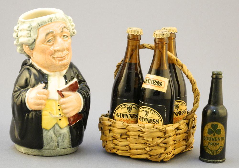 Basket of 3 Miniature Guinness Bottles & Lighter with Royal Doulton "Mr. Litigate" (1 of 2)