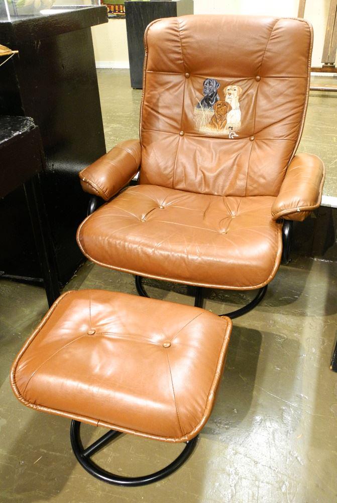 Brown Leather Dog Motif Chair with Foot Stool. (1 of 2)