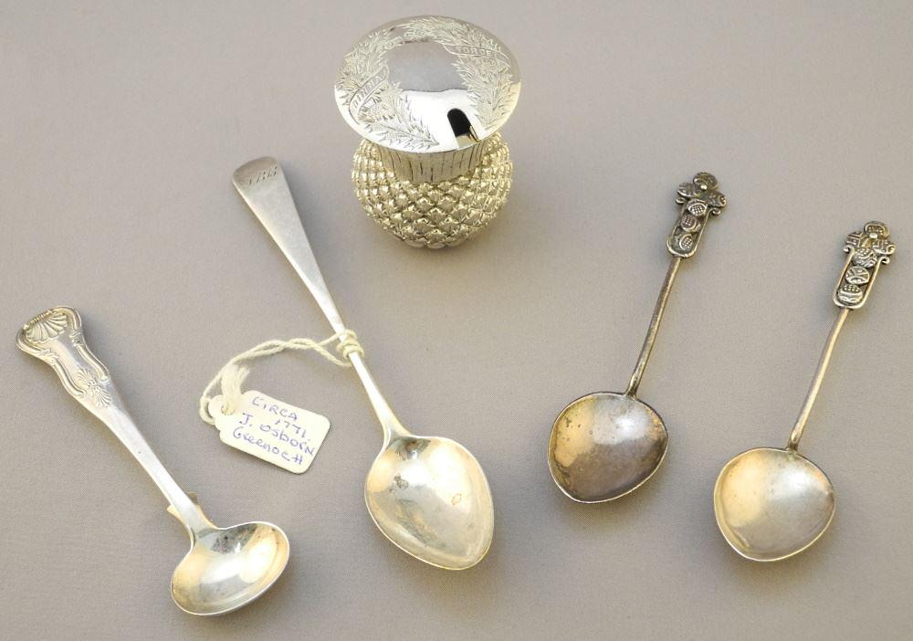 5 Pieces Marked & Unmarked Silver: Scottish Condiments, 5 Spoons, 92 Grams. (1 of 3)