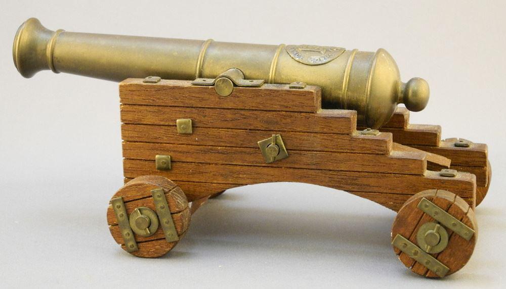 Small Brass Ship's Cannon on Wooden Truck, 8 1/2" Length. (1 of 3)