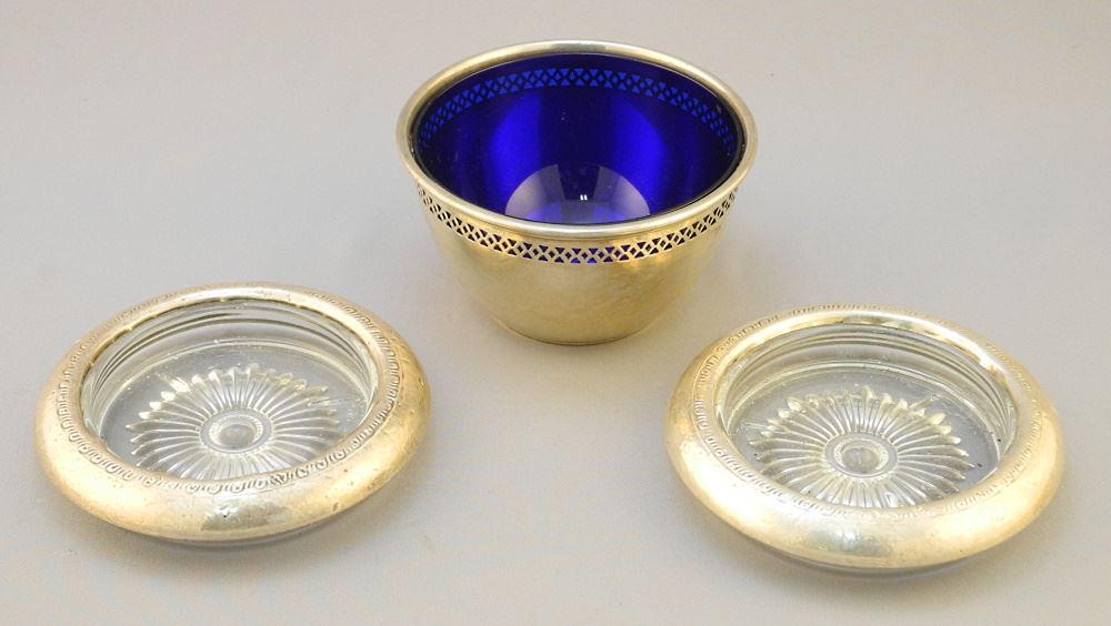 Silver Glass Lined Bowl & a Pair of Birks Coasters.: Silver Glass Lined Bowl & a Pair of Birks Coasters.