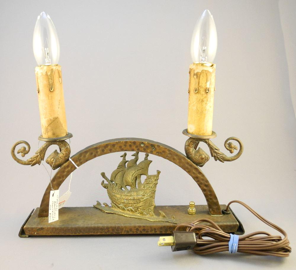 "Caron Bros. Montreal" Hammered Cooper Lamp, 15" Wide. (1 of 2)