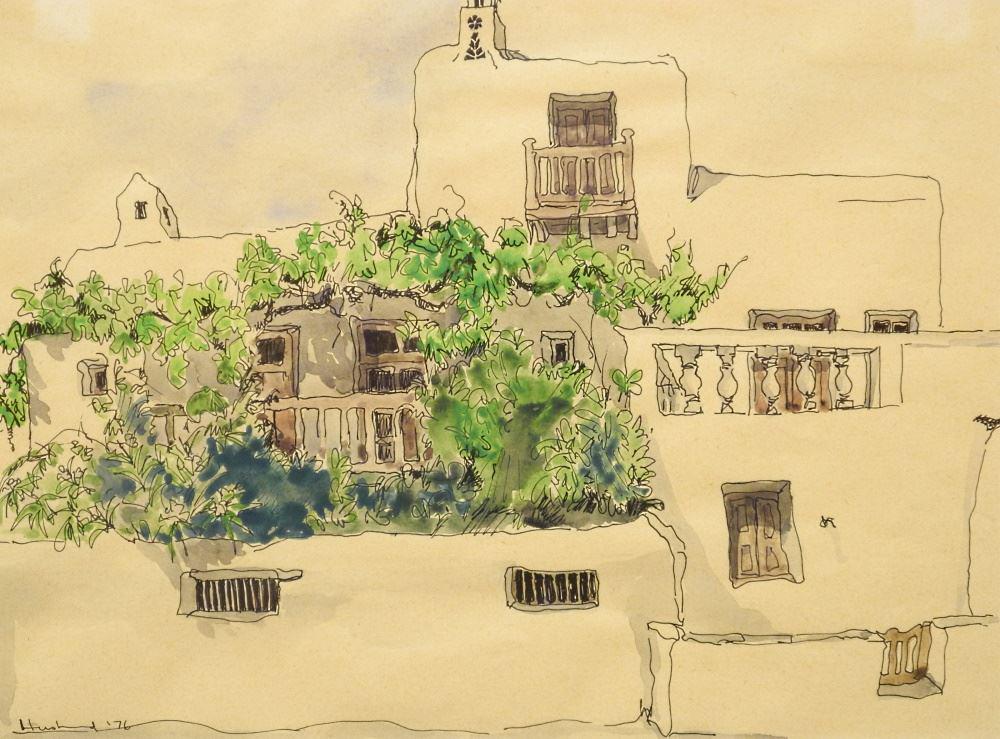 Pen & Ink Drawing Signed (Vicky) Husband, 11" x 15", "Garden Patio". (1 of 4)