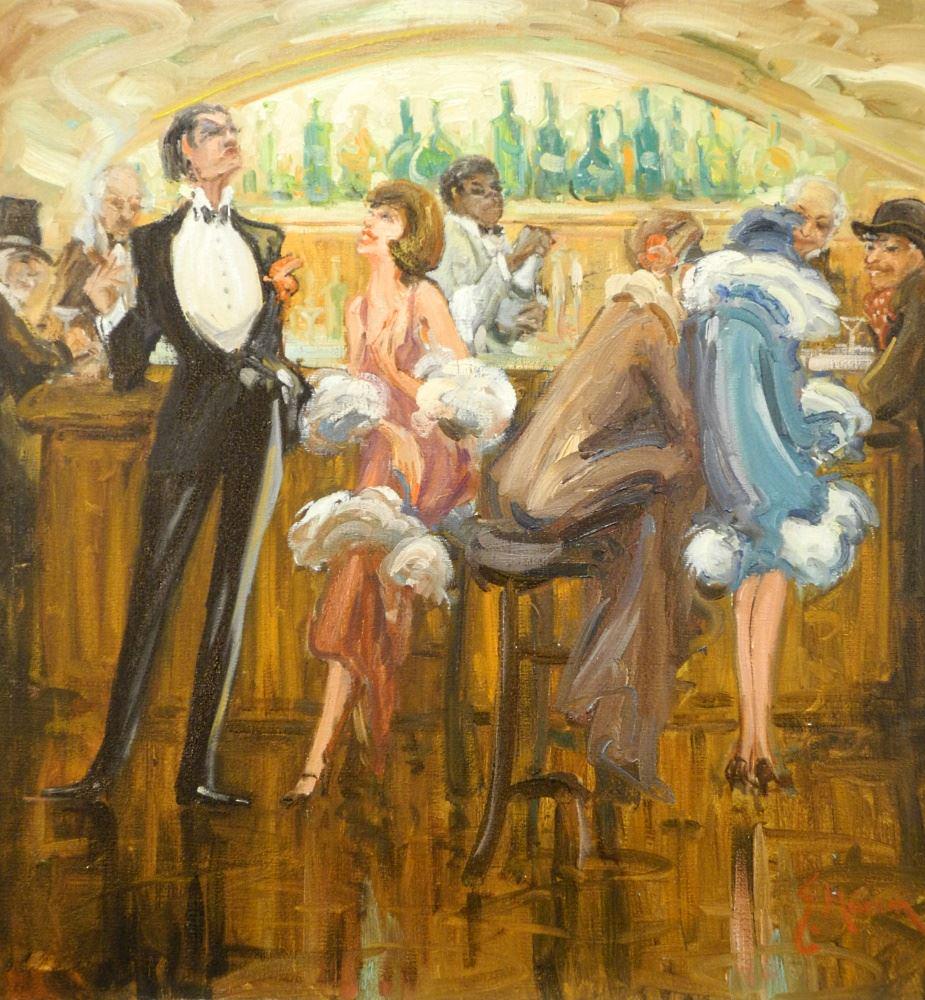 Oil on Canvas Signed E.(Ernest) Marza, 30" x 30", "Cafe Scene". (1 of 4)