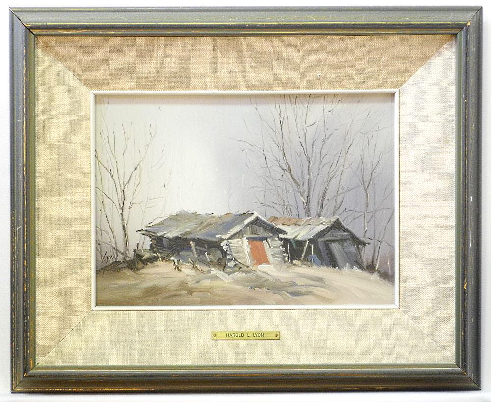 Oil on Masonite Signed (Harold) Lyon, 9 1/2" x 13 3/8", "The Red Door", 1973.: Oil on Masonite Signed (Harold) Lyon, 9 1/2" x 13 3/8", "The Red Door", 1973.